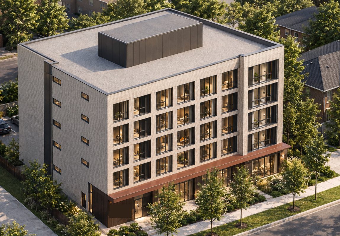 Bayview Village: rendering of a 60-unit building on a major street