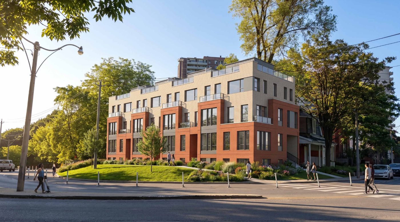 Cabbagetown 2: rendering of stacked townhouses on a corner lot