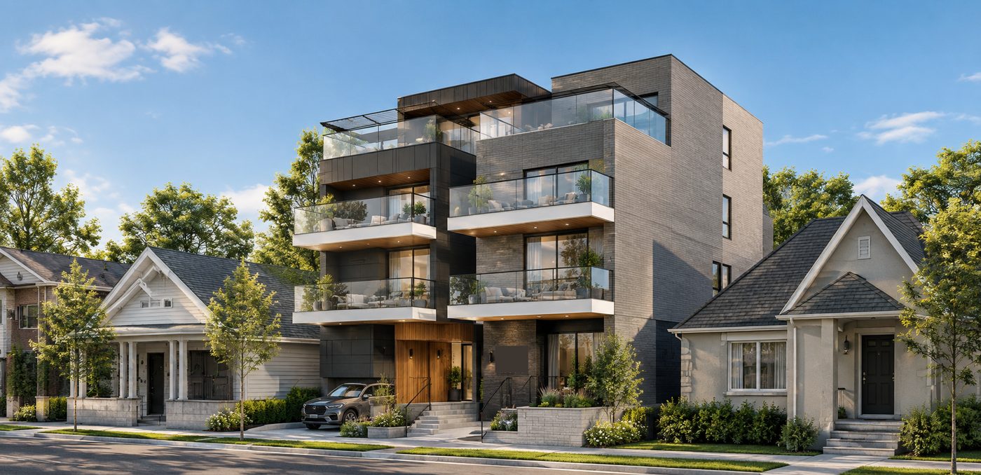 Crescent Town: rendering of a ten-unit building between neighbouring houses