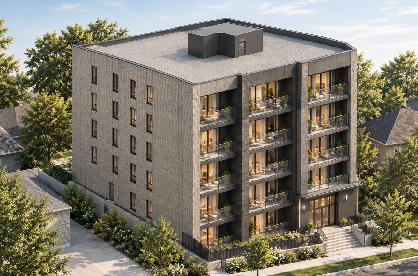 Don Valley Village: rendering of a 30-unit building on a major street
